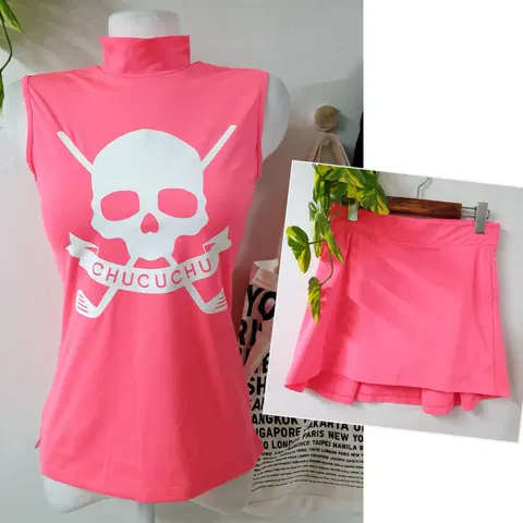 츄쿠츄 여성테니스 골프셋업 90 민소매 치마바지 형광핑크