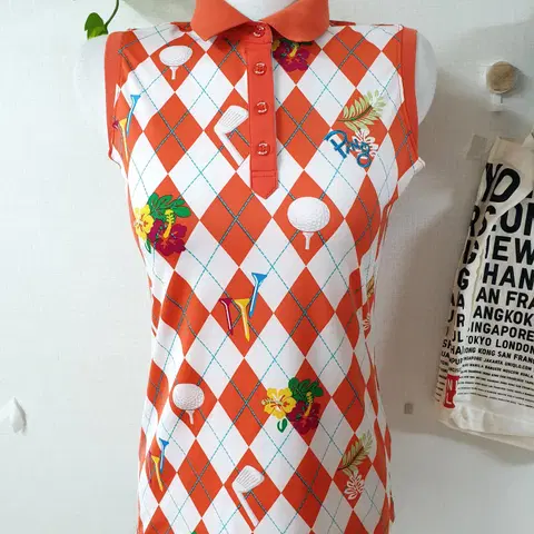 핑 여성골프 플라워 아가일패턴 민소매티 90 오렌지화이트