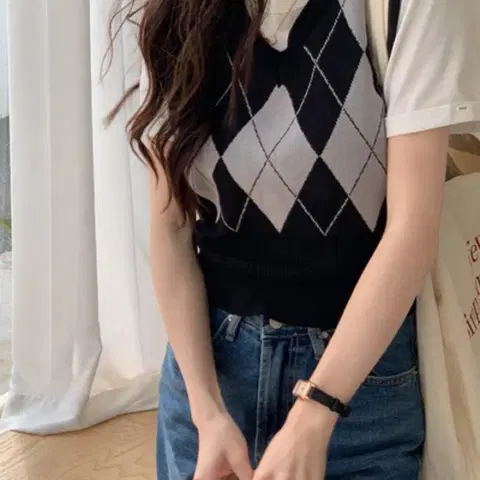 여름 조끼 니트 아가일패턴 베스트 새상품