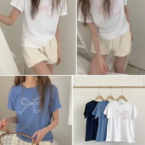 <새상품>(고퀄/국산)obe 오브 리본자수 반팔티셔츠(네이비)