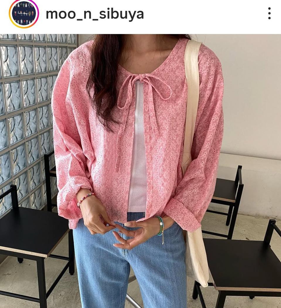 무엔바이시부야  피그먼트 아일렛 가디건 핑크