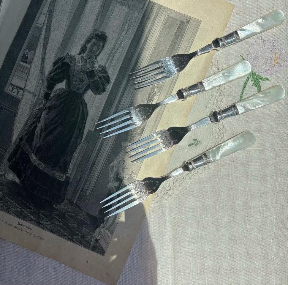 앤틱 실버플레이트 마더오브펄 자개 디저트포크 4p세트