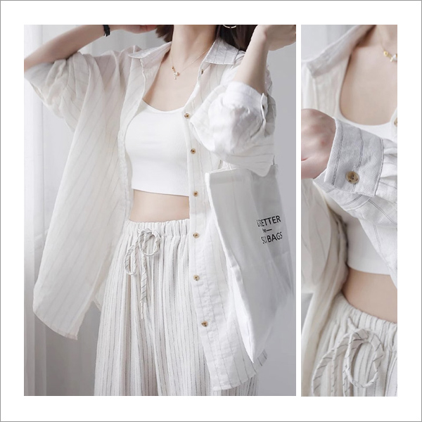 쇼베르 베이직 루즈핏 세로 스트라이프 카라 여성 긴팔 블라우스