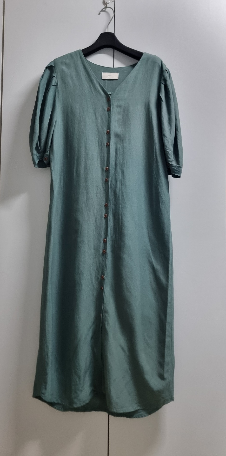 린넨 브이넥 버튼 원피스 민트 55~66반