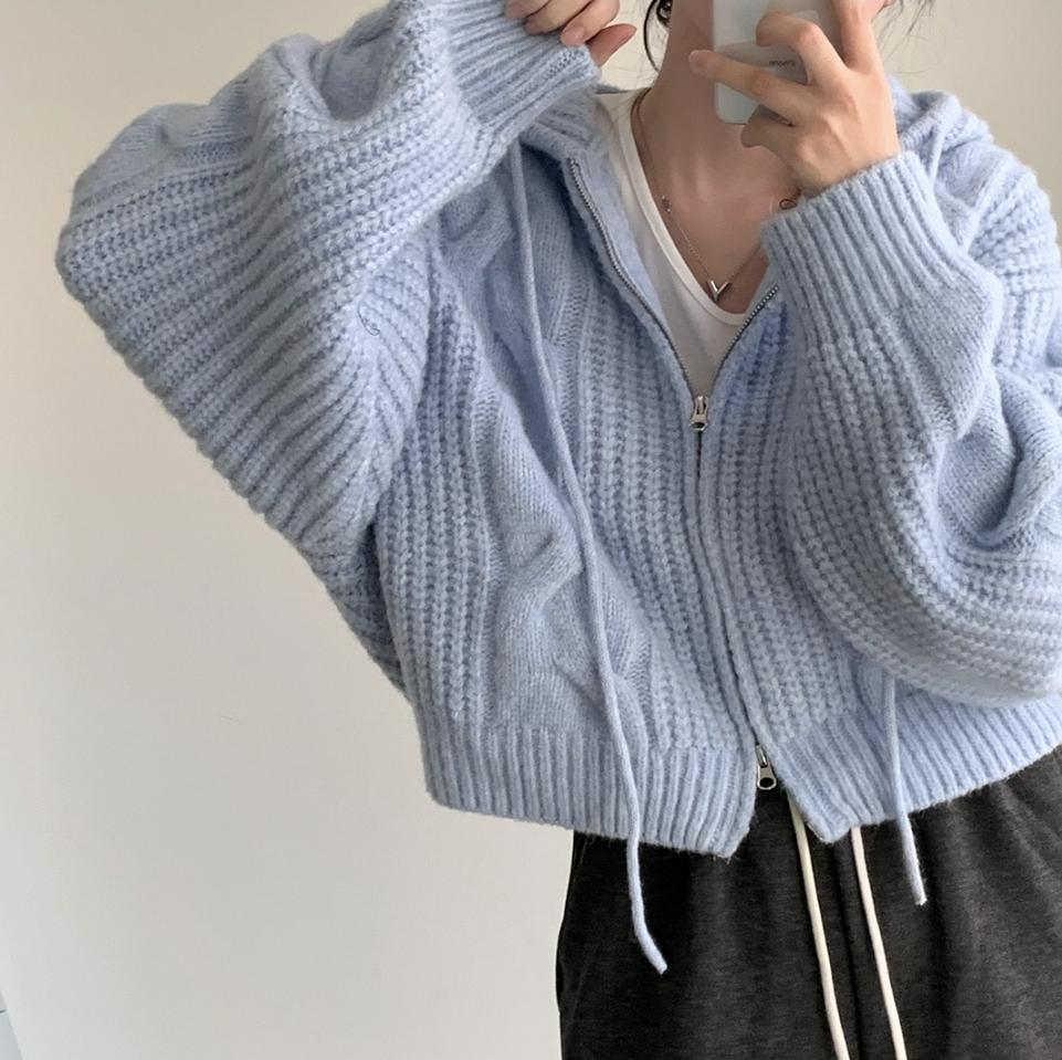 노어슨 캔디 후드 울 케이블 니트 가디건 집업 크림치즈마켓