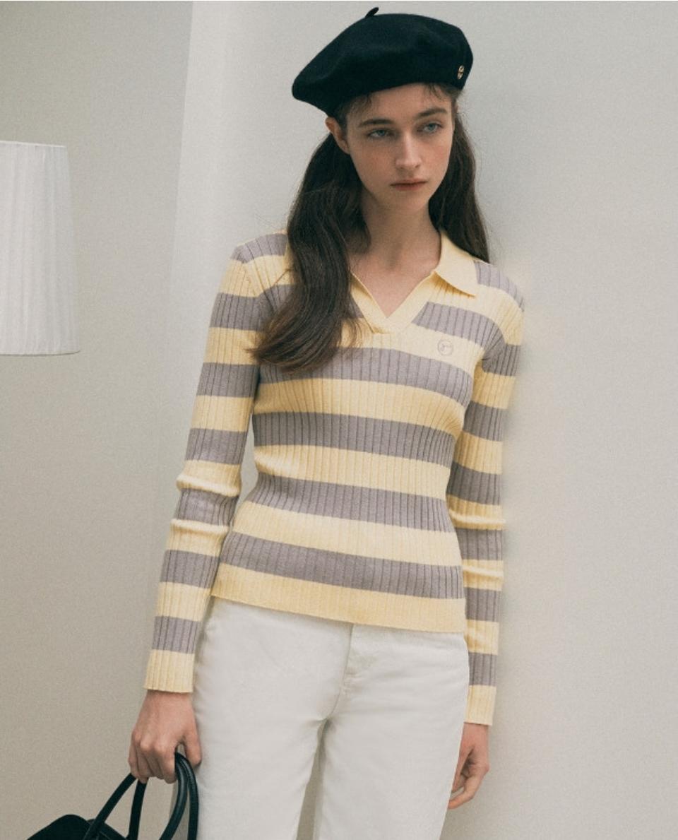 로라로라 옐로우 그레이 카라 니트