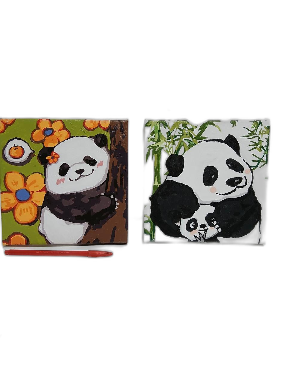 푸바오 그림 두 점 캔버스에 아크릴로 직접 그린 작품