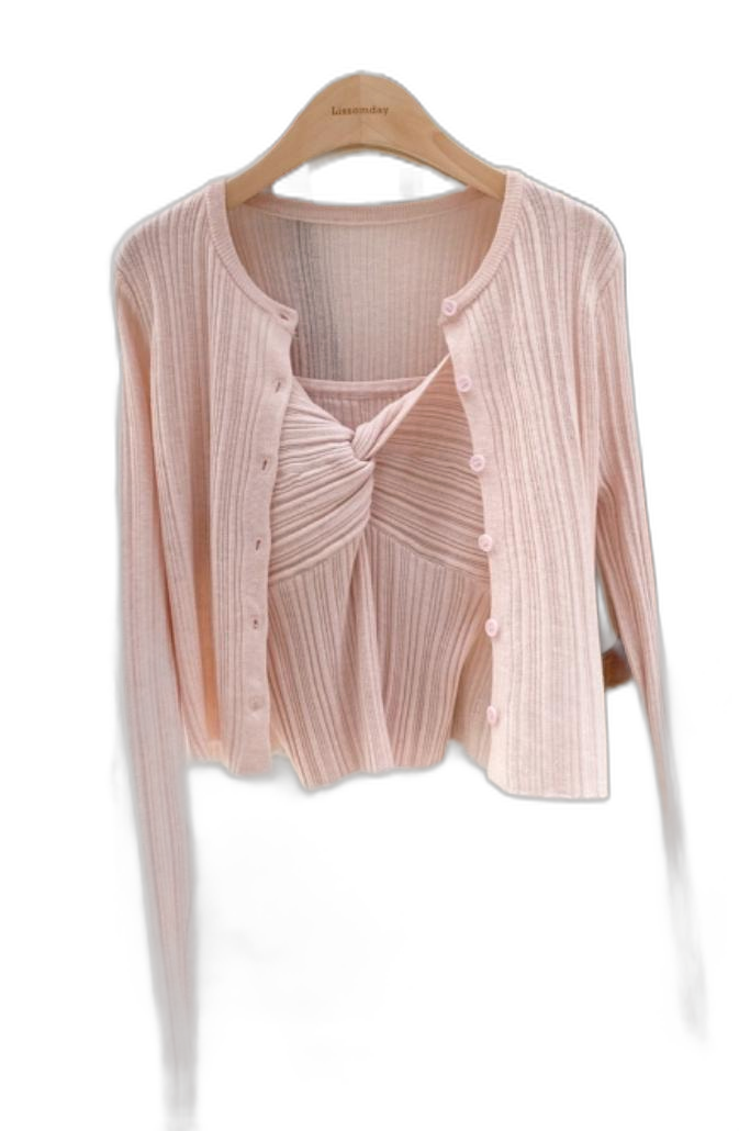 핑크 니트 가디건 세트