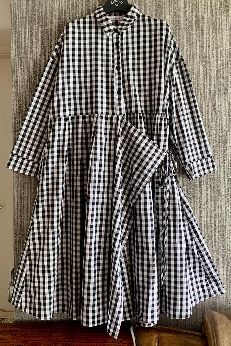 YK 블랙 & 화이트 깅엄 체크 셔츠 롱 원피스 루즈핏 A라인 프리사이즈