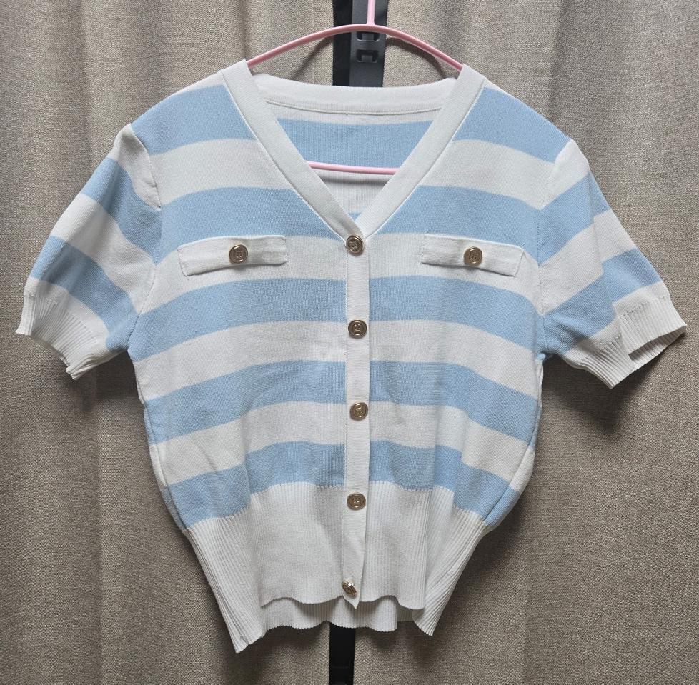 스트라이프 반팔 니트가디건