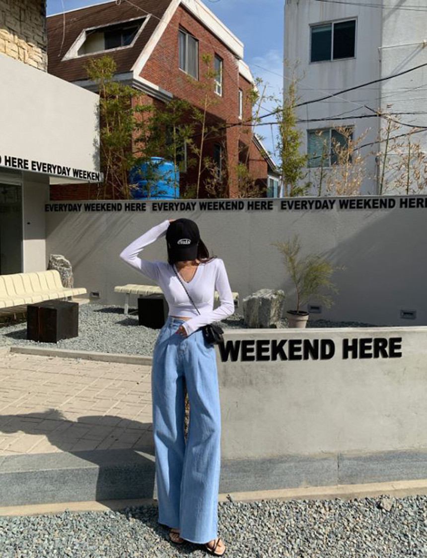 레브시티 핀턱 와이드 데님 청바지