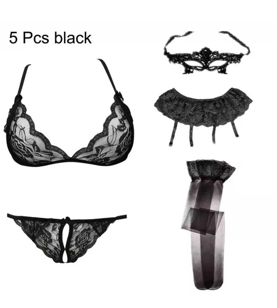 세미오픈 브라 갈라티팬티 가면 가터벨트 스타킹 5종 세트 섹시 이벤트속옷