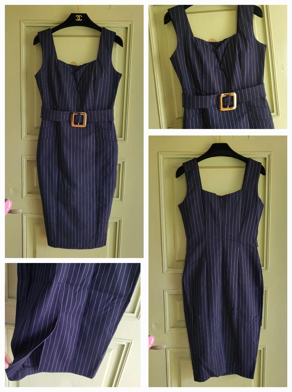 새상품 고급 스판 코튼 면 스트라이프 금장 벨트 원피스 네이비 M
