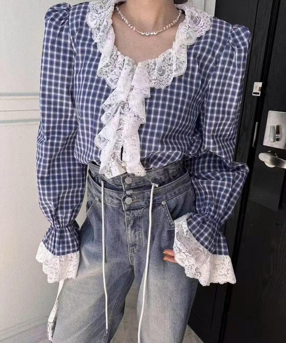 체크 레이스 프릴 블라우스