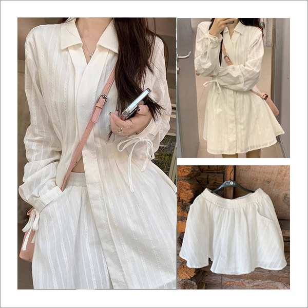 에뚜 레이스 자수 세로 스트라이프 미니 카라 원피스+밴딩 숏 팬츠 set