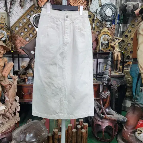 여성 뒷트임 아이보리 코튼면청 롱스커트 S