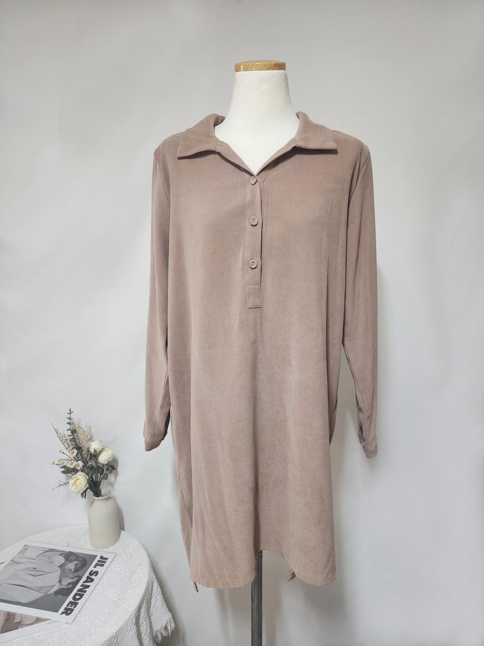 베이지 카라 버튼 긴팔 원피스