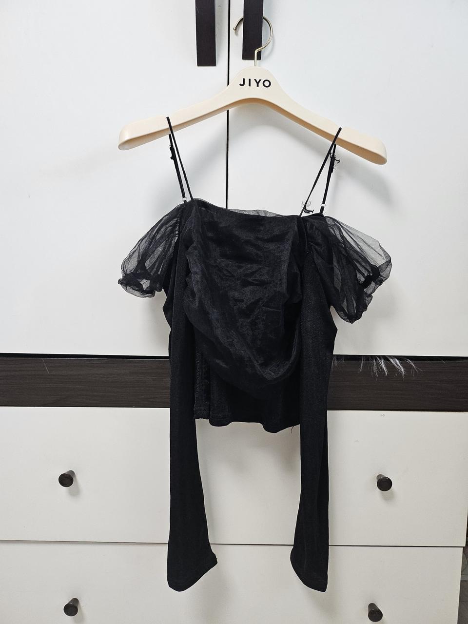 블랙 레이스 끈 오프숄더 티