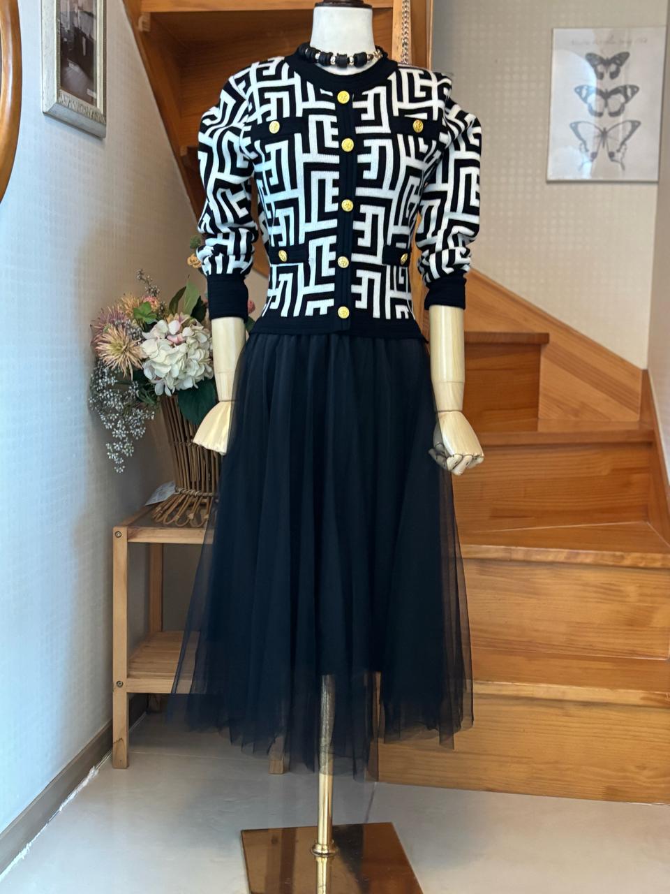 패턴 니트샤 레이어드원피스