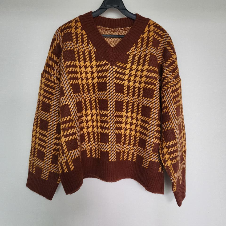브라운 빅체크 브이넥 니트