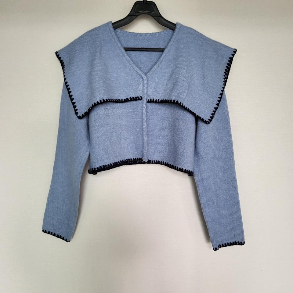 블루 스퀘어카라 크롭 똑딱이 니트 가디건