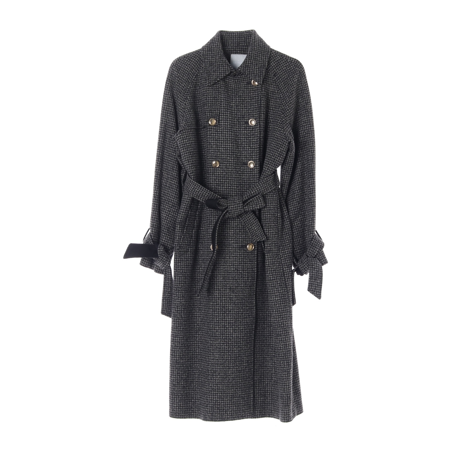 [M]아바몰리 체크 리본 타이 골드버튼 더블 롱 코트 트렌치코트