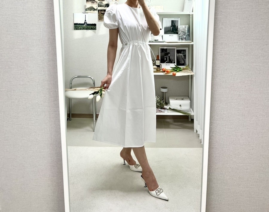 에잇컨셉 머썸 스트링 롱원피스 화이트 반팔 밴딩 미디 퍼프 셀프 웨딩