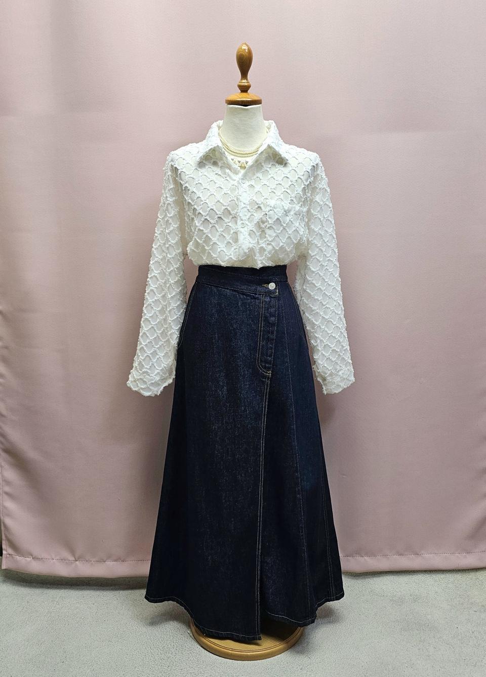 미쏘 사선 스티치 랩 롱스커트