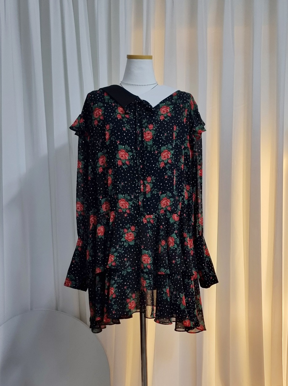 55~66 | 빈티지 플라워 패턴 블랙 쉬폰 미니 원피스