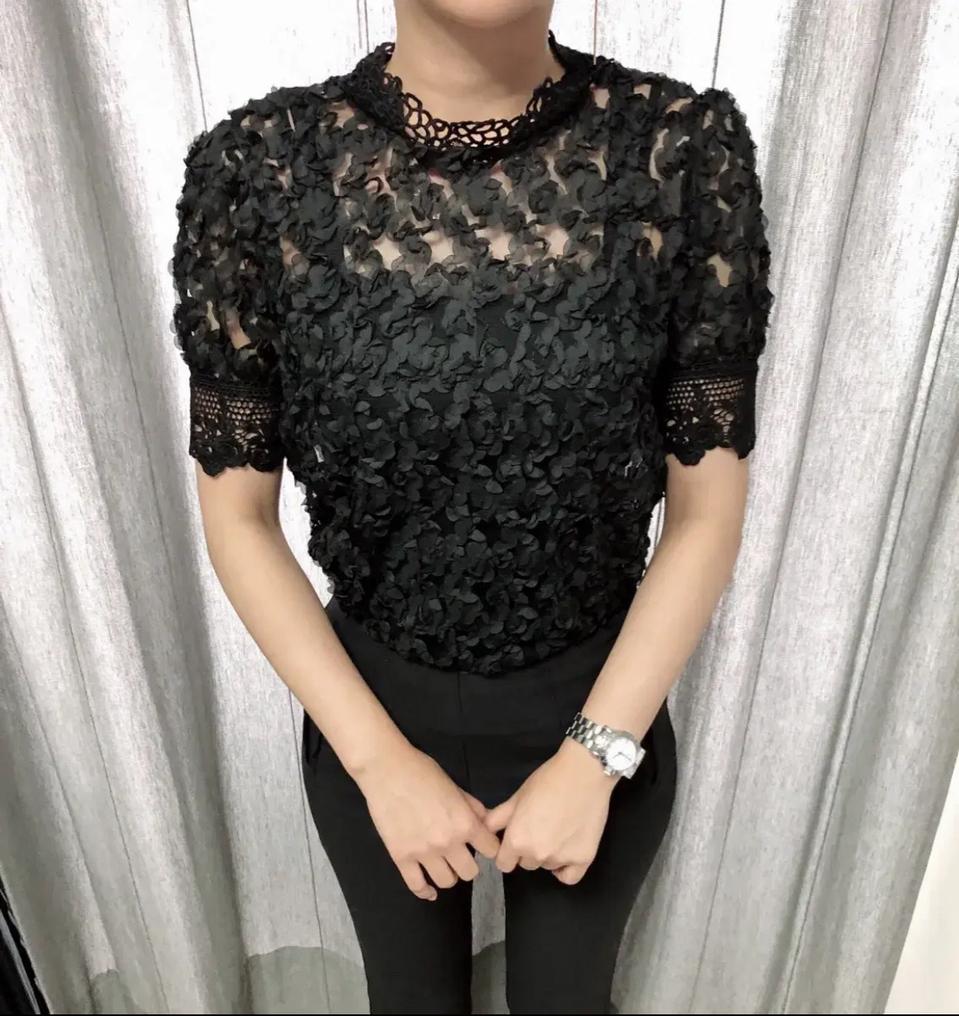 반 하이넥 시스루 레이스 쉬폰 꽃 반팔 블라우스