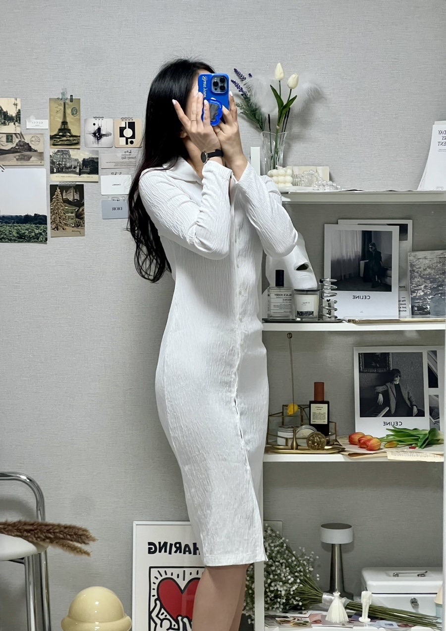 아르틴 쭈글이 셔츠 롱 원피스 세미 머메이드 슬림핏 긴팔 플리츠 카라