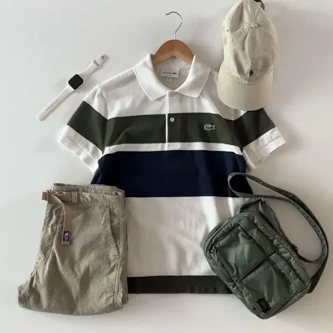 라코스테 화이트 그린 단가라 반팔 카라티S