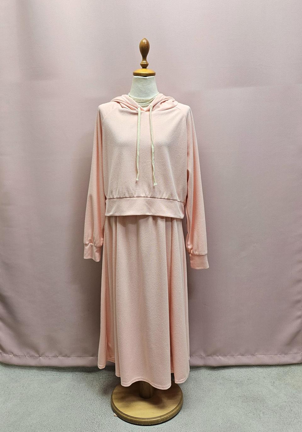 살구핑크 후드티 롱스커트 세트