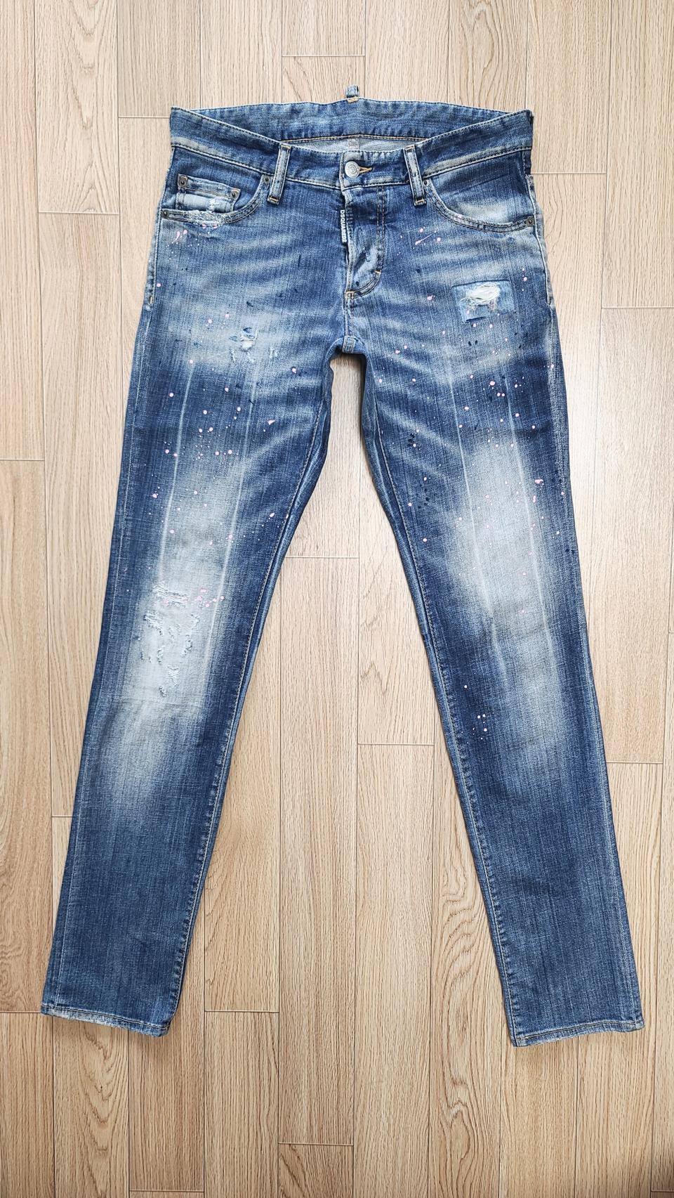 정품 디스퀘어드 핑크페인트 메탈로고진 청바지 44