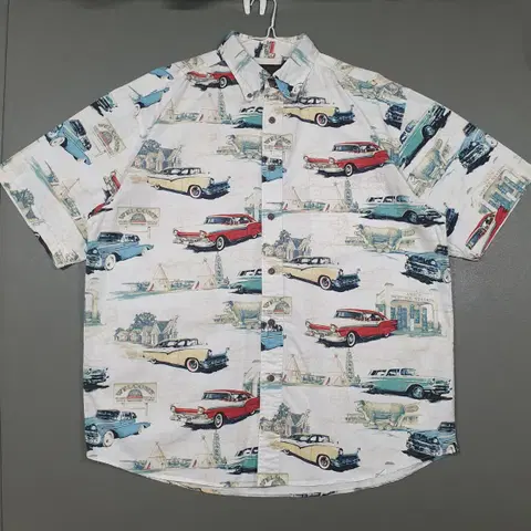 블러프 크릭 아웃피터스 올드카 올오버 패턴 버튼다운 화와이 반팔 셔츠 L