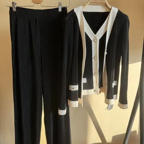 미야케 플리츠 주름 가디건 와이드팬츠 투피스 세트 44~66