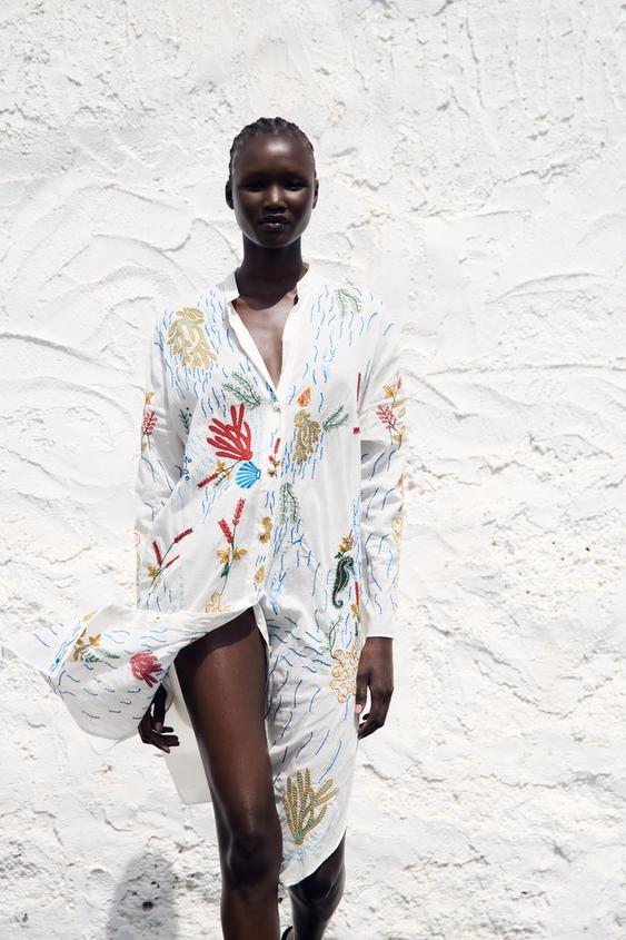 자라 자수 롱 셔츠