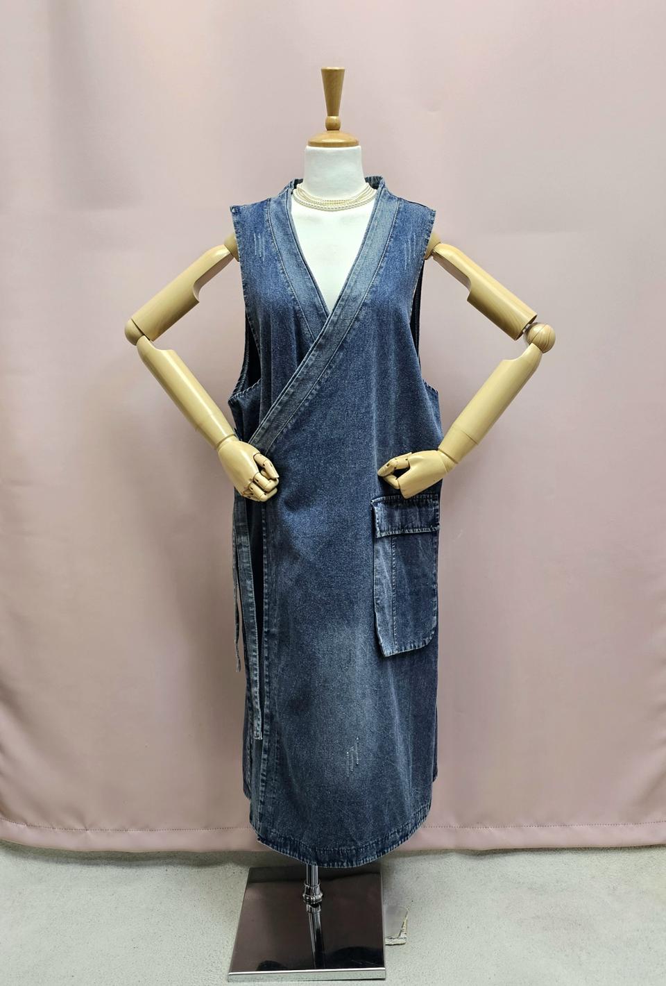 데님 랩스타일 베스트 롱원피스
