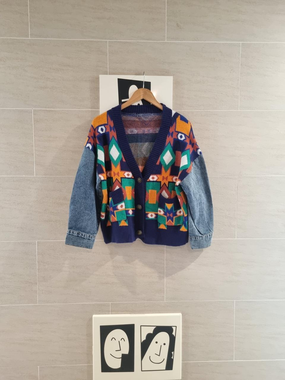 패턴데님 소매가디건~