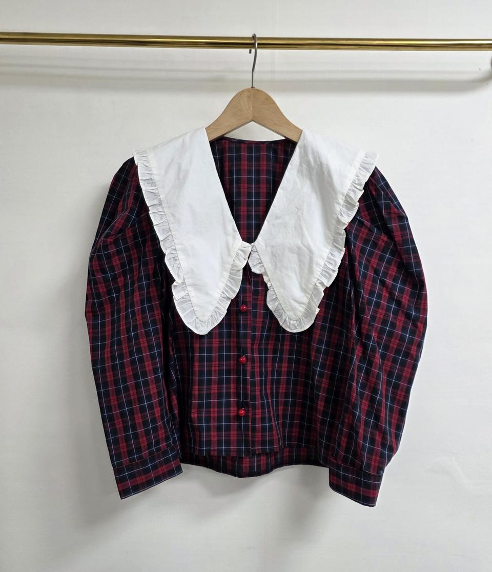 빅카라 퍼프소매 체크 블라우스