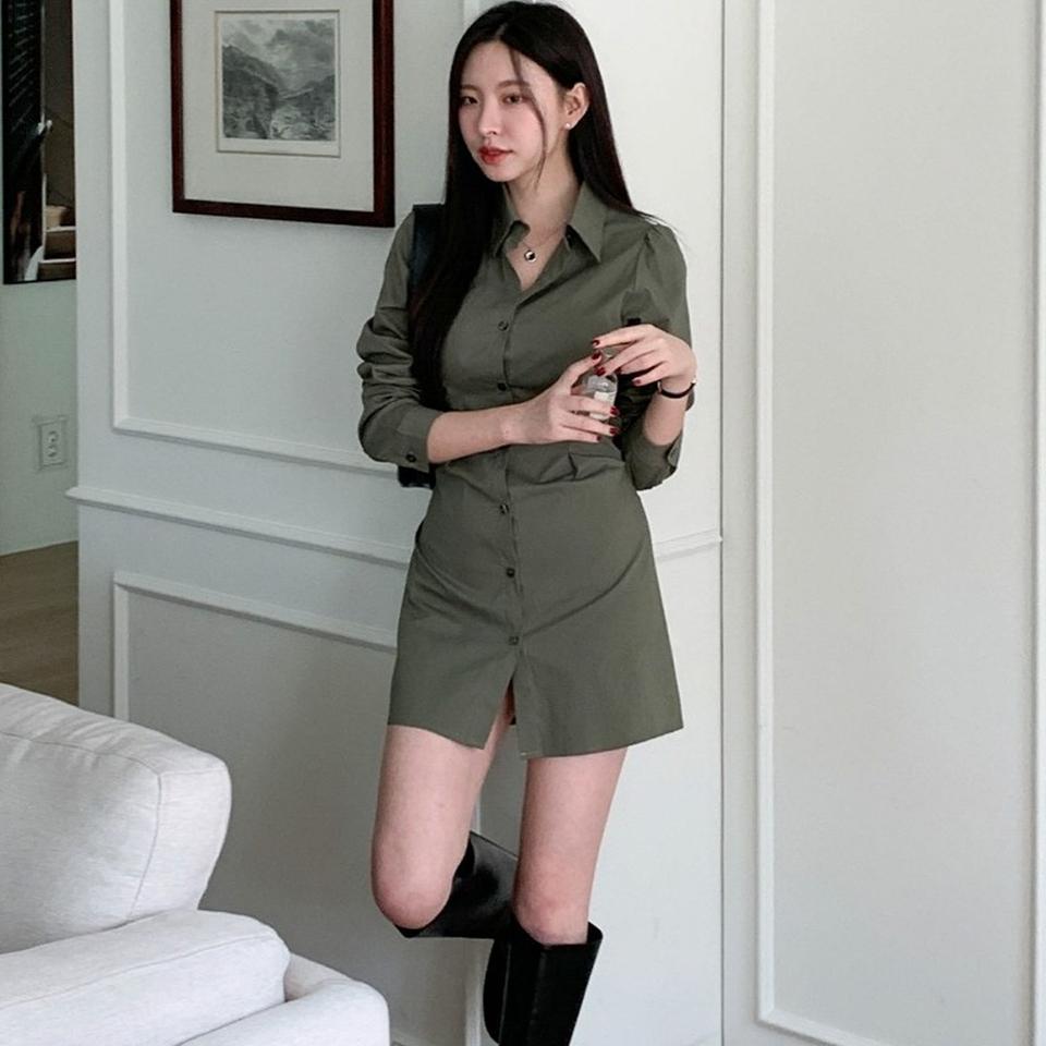 카라넥 허리뒷밴딩 셔츠 미니 원피스