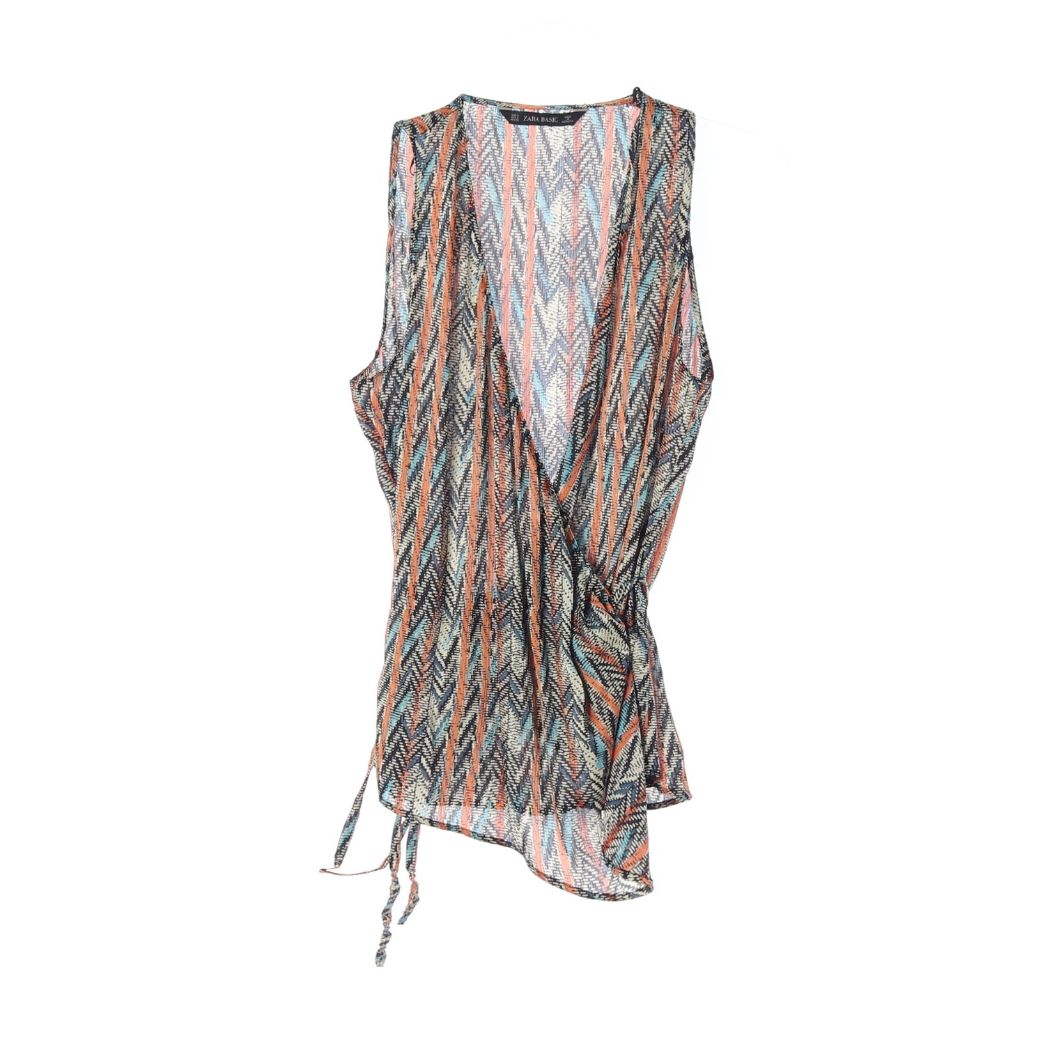 [S]자라 네이비 오렌지 패턴 민소매 나시 브이넥 랩 블라우스