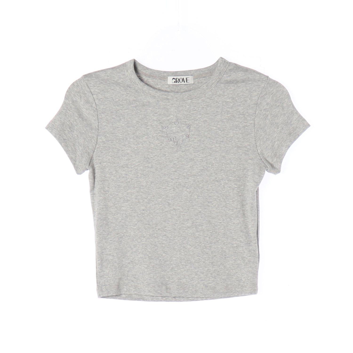 [S]그로브 그레이 시에라 모달 리본 자수 반팔 크롭 티셔츠