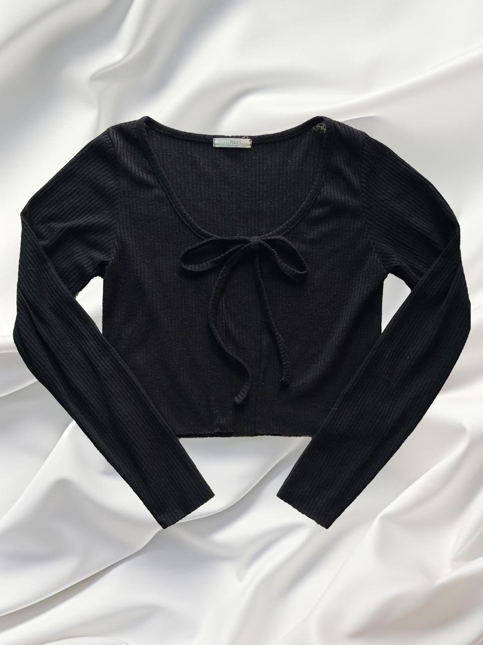 Plastic 블랙 리본 크롭 오픈형 가디건