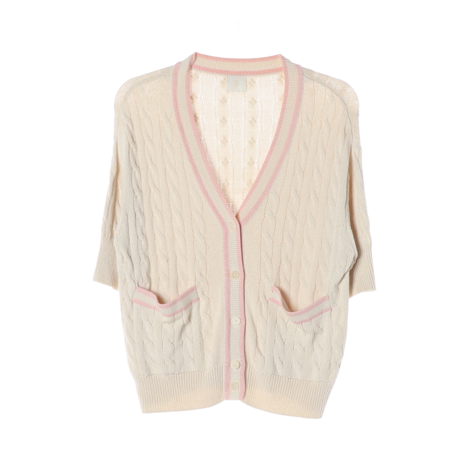 [M]유메르 베이지 핑크 꽈배기 케이블 반팔 가디건