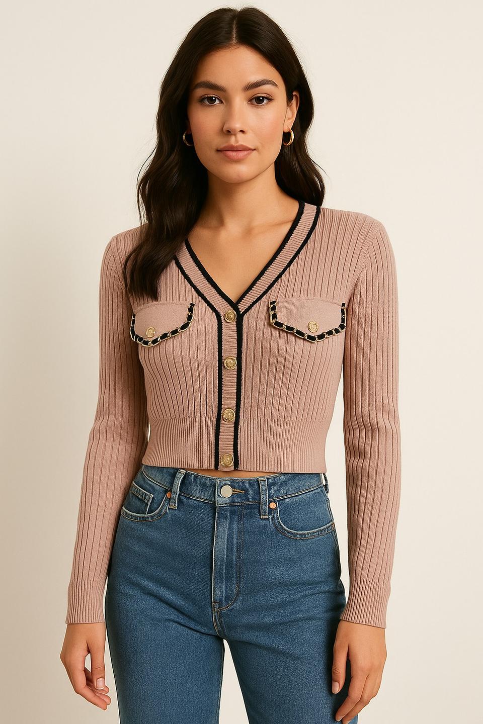 (미착용새상품)인디핑크 베이지 S 크롭 V넥 골지 가디건 슬림니트티셔츠