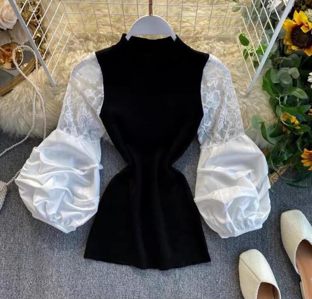 퍼프소매 골지배색 여성스런 블라우스 F