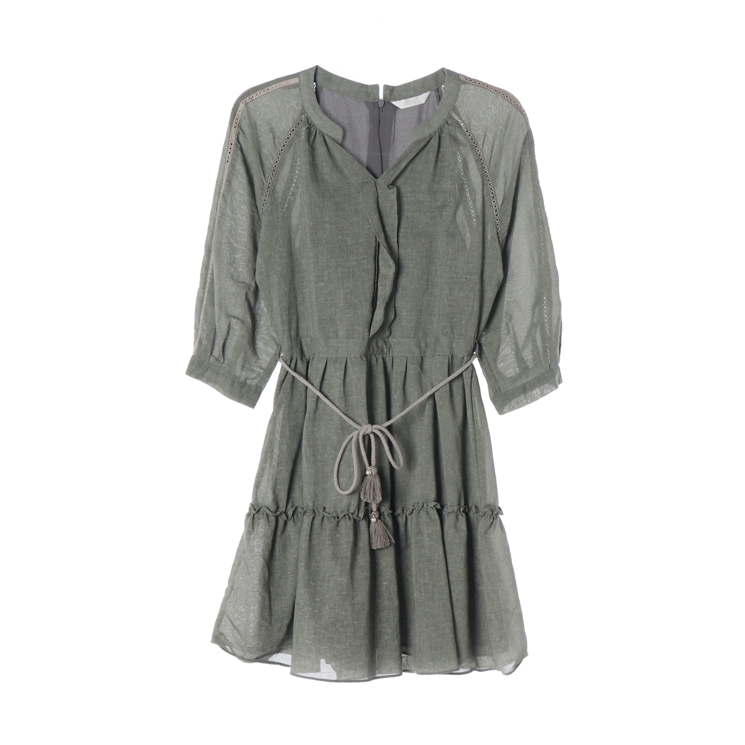 [F]오조크 린넨 카키 태슬 벨트 캉캉 플레어 원피스