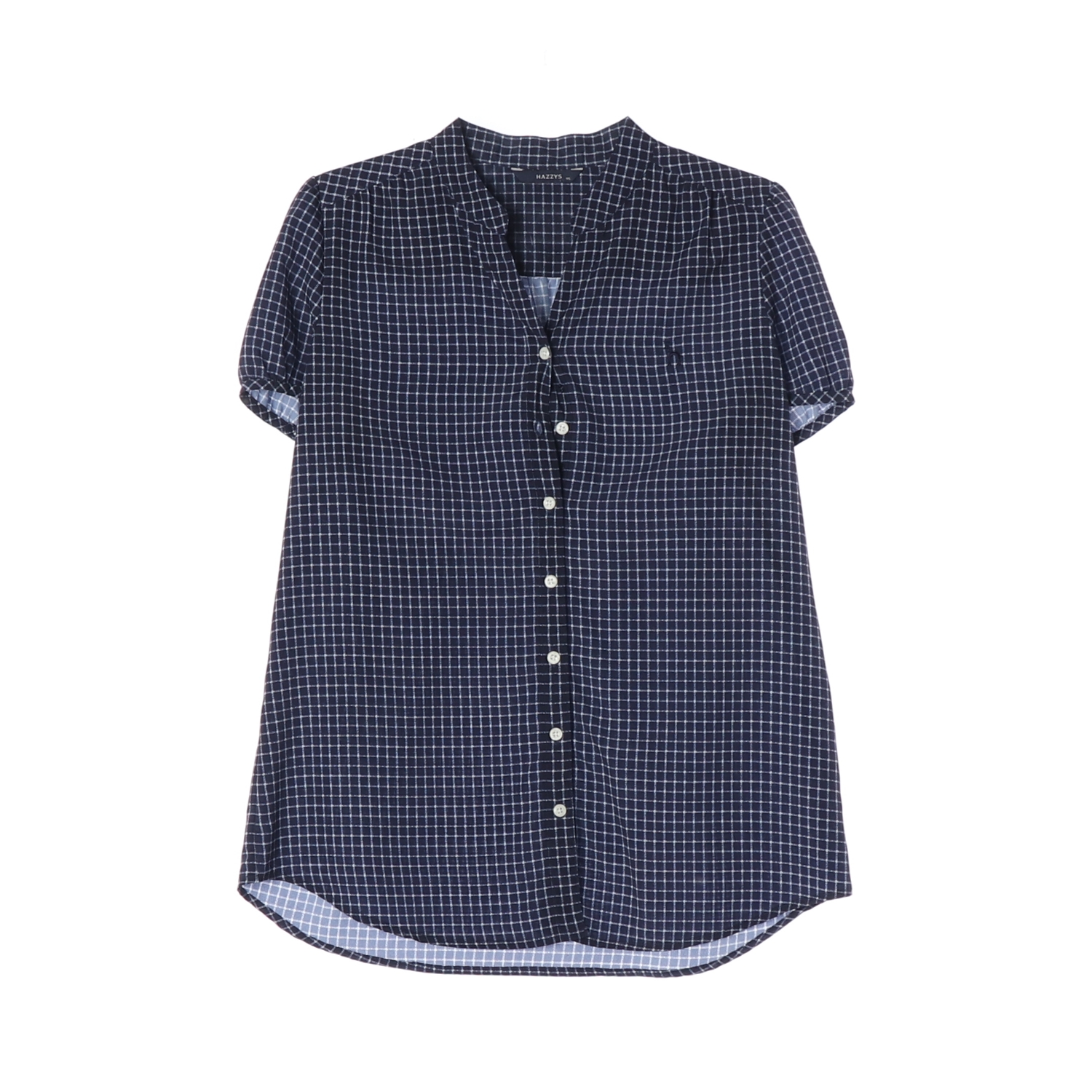 [M]헤지스 네이비 체크 로고 노카라 반팔 셔츠 블라우스