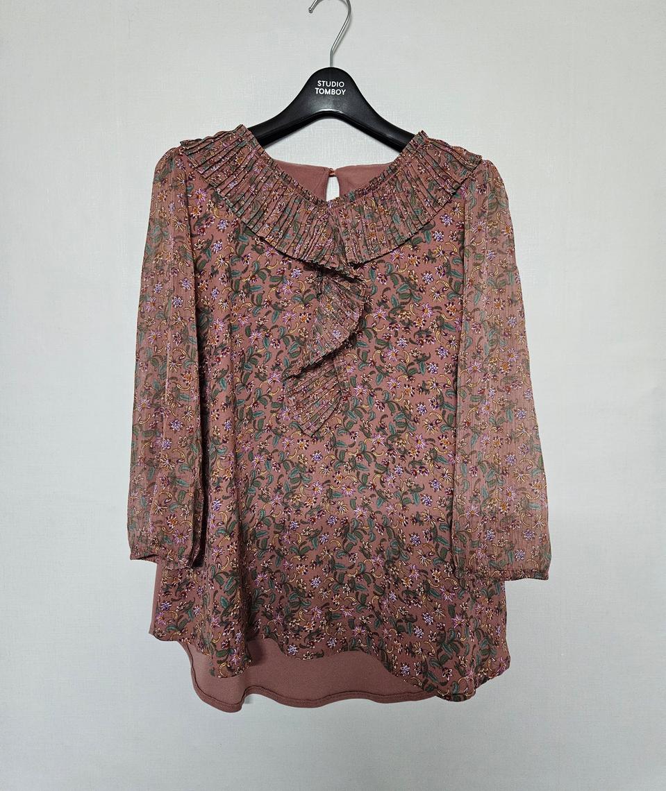 55~66 | 핑크 브라운 플라워 러플 쉬폰 소매 시스루 블라우스